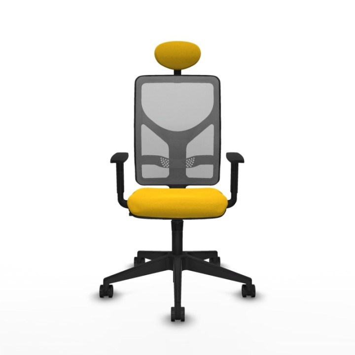 Motilla sincro malla gris bali amarillo brazos 1D base piramidal cabecero fijo ruedas 65mm nailon