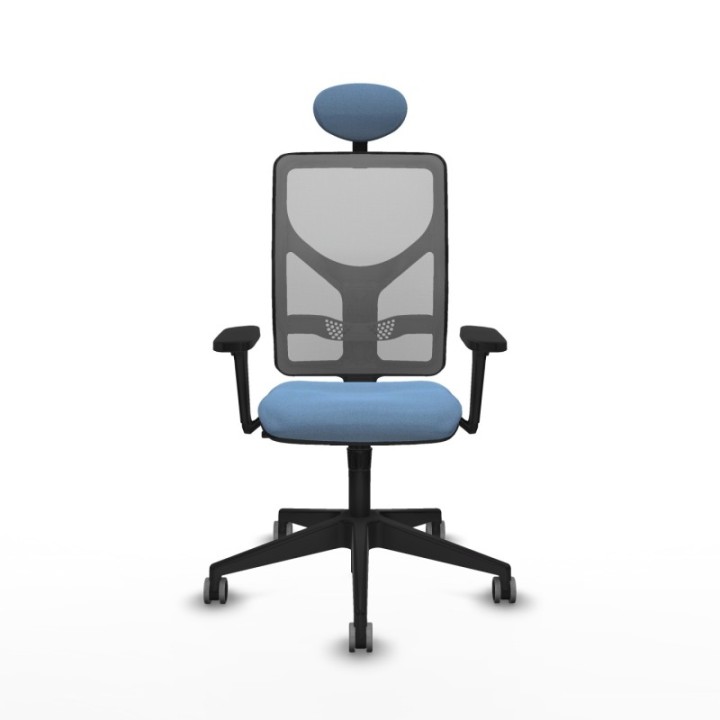 Motilla sincro malla gris bali azul cielo brazos 3D base piramidal cabecero fijo ruedas 65mm engomadas