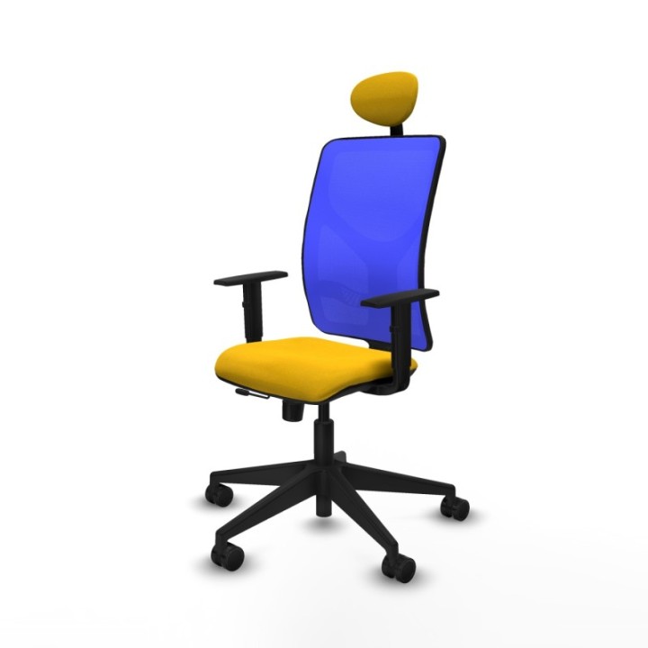 Motilla traslack malla azul bali amarillo brazos 1D base piramidal cabecero fijo ruedas 65mm nailon