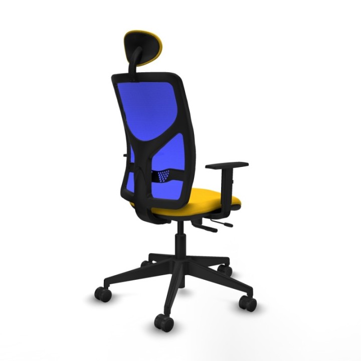 Motilla traslack malla azul bali amarillo brazos 1D base piramidal cabecero fijo ruedas 65mm nailon